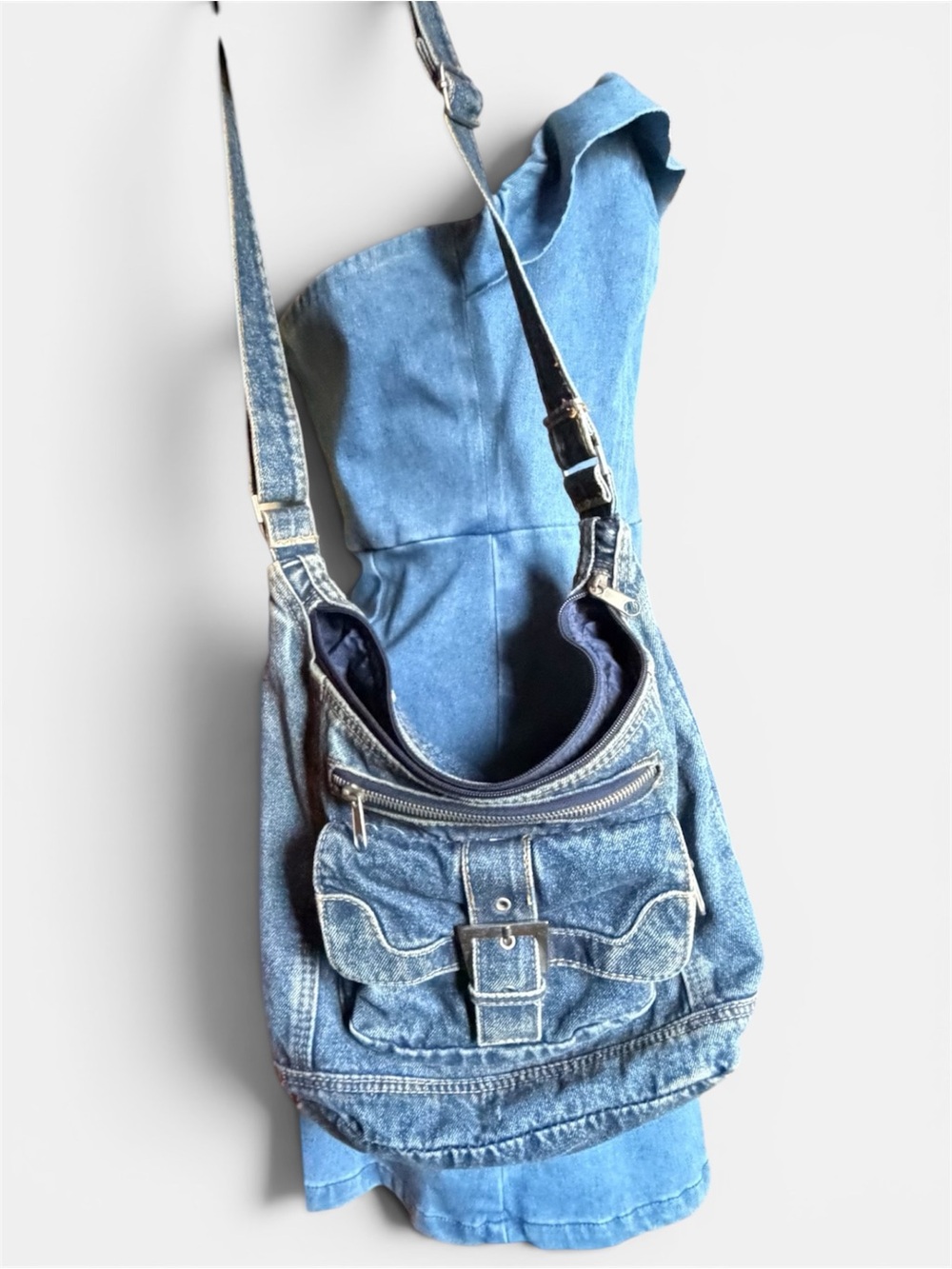💯 cotton Denim Crossbody Shoulder Bag - front buckle, front back and top zippers